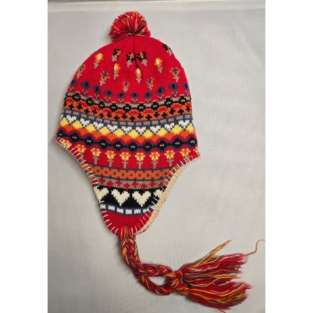 Knitted Earflap Winter Hat Pom-Pom Red Multicolor Nordic Pattern Wool blend